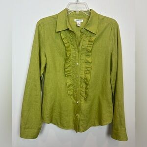 Harold’s 100% Linen Button Up Ruffle Long Sleeve Blouse Sz Medium Green